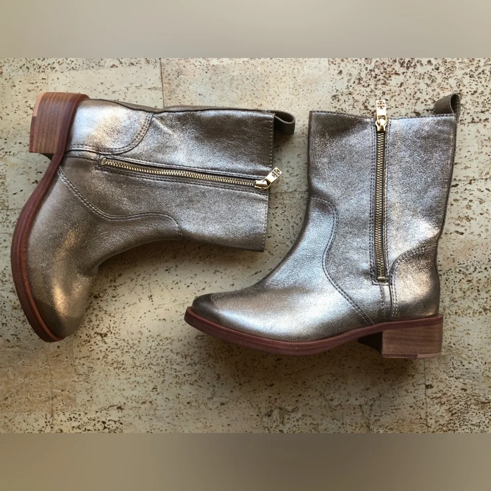 TORY BURCH Gold Metallic Leather HALLE Mid Combat Boots Size 6